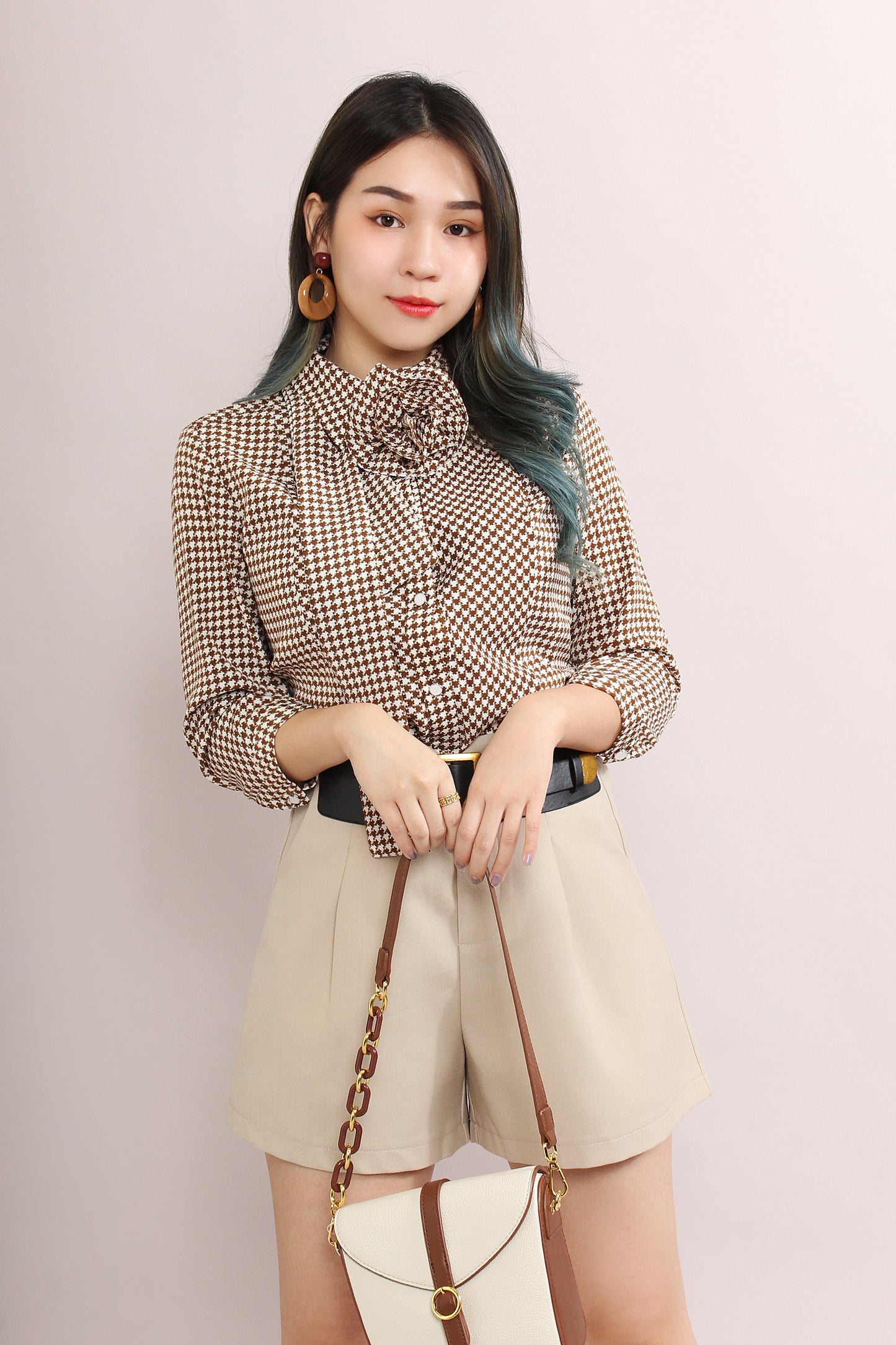 Azula Houndstooth Shirt With Detachable Rose & Scarf