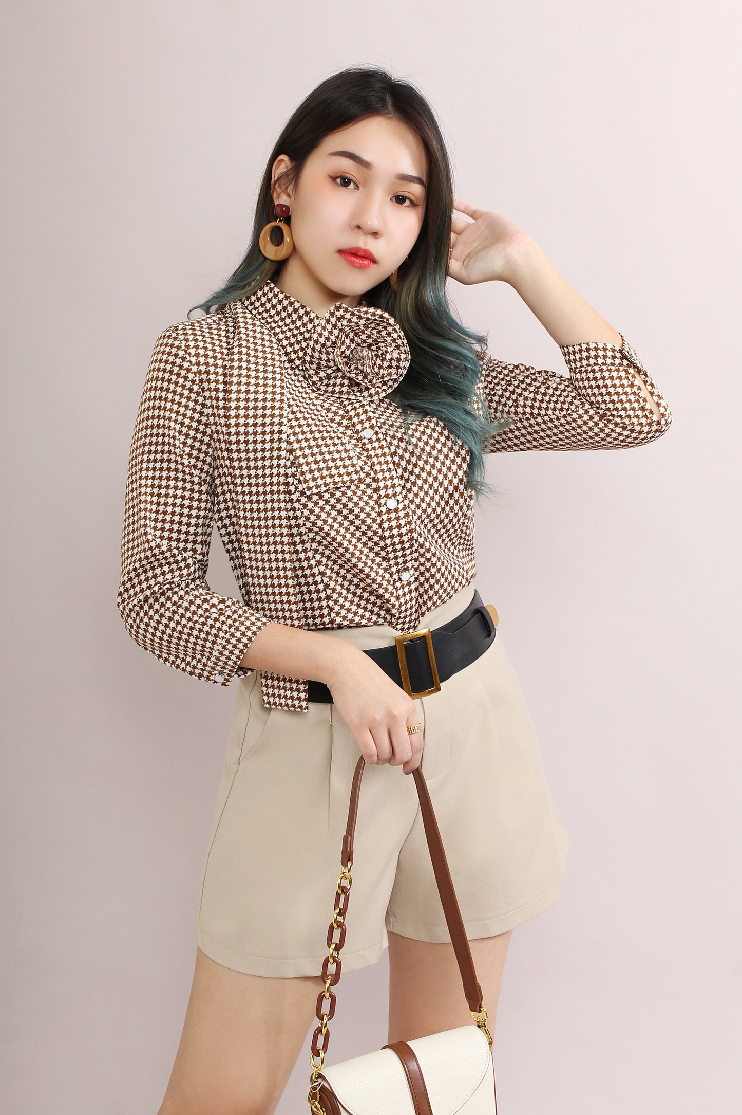 Azula Houndstooth Shirt With Detachable Rose & Scarf