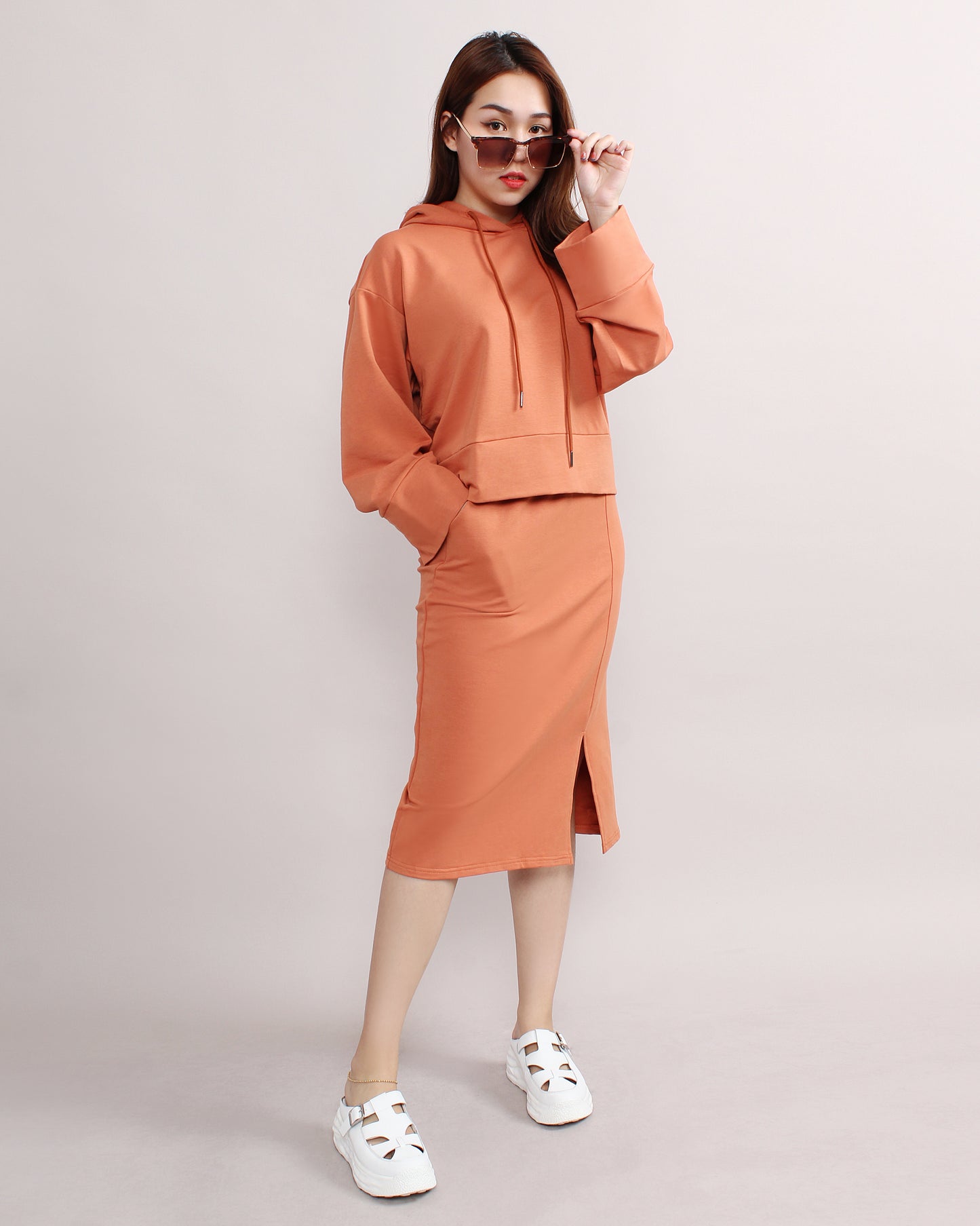 Casual Loose Hooded Sweater & Front Slit Pencil Skirt Set