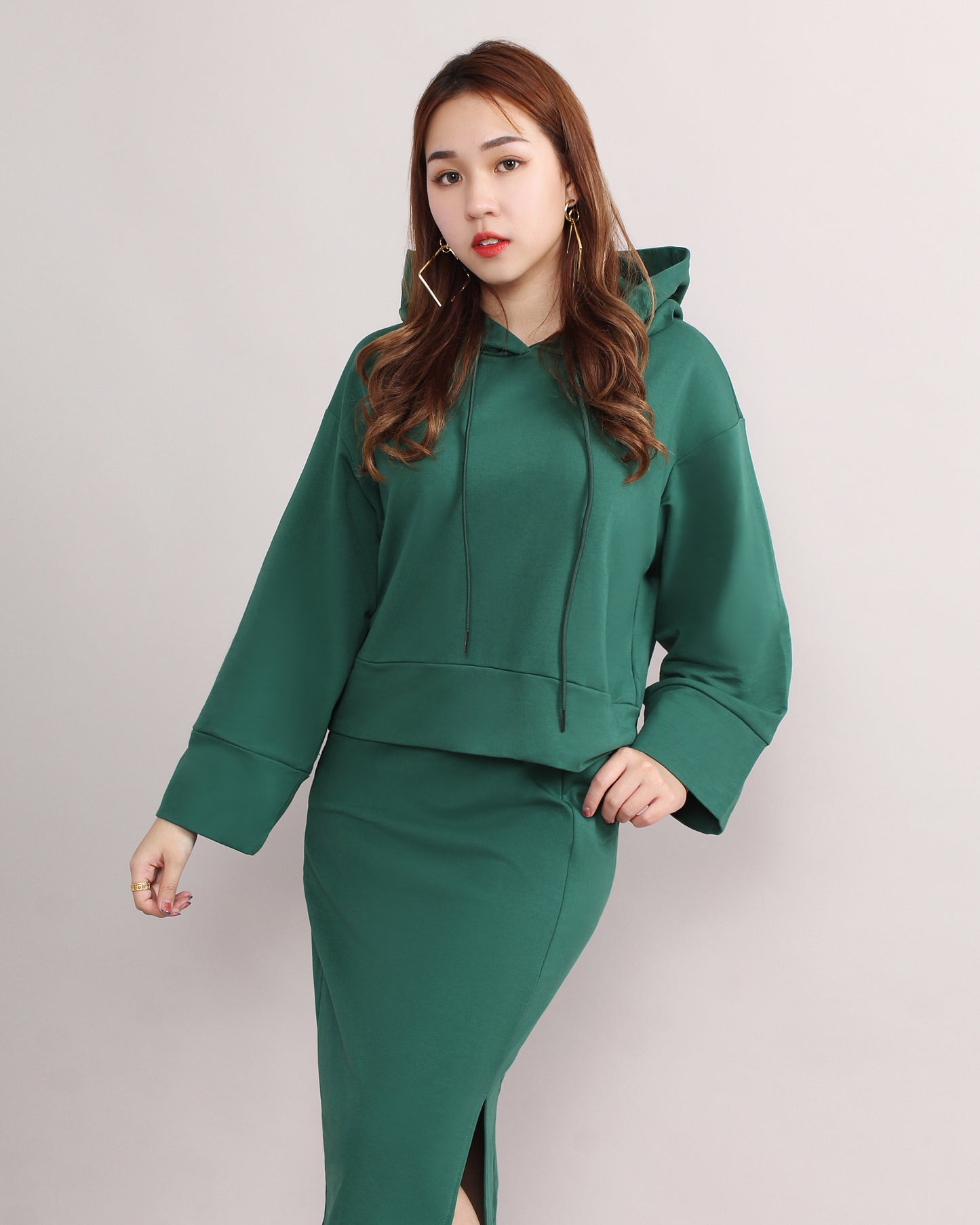 Casual Loose Hooded Sweater & Front Slit Pencil Skirt Set