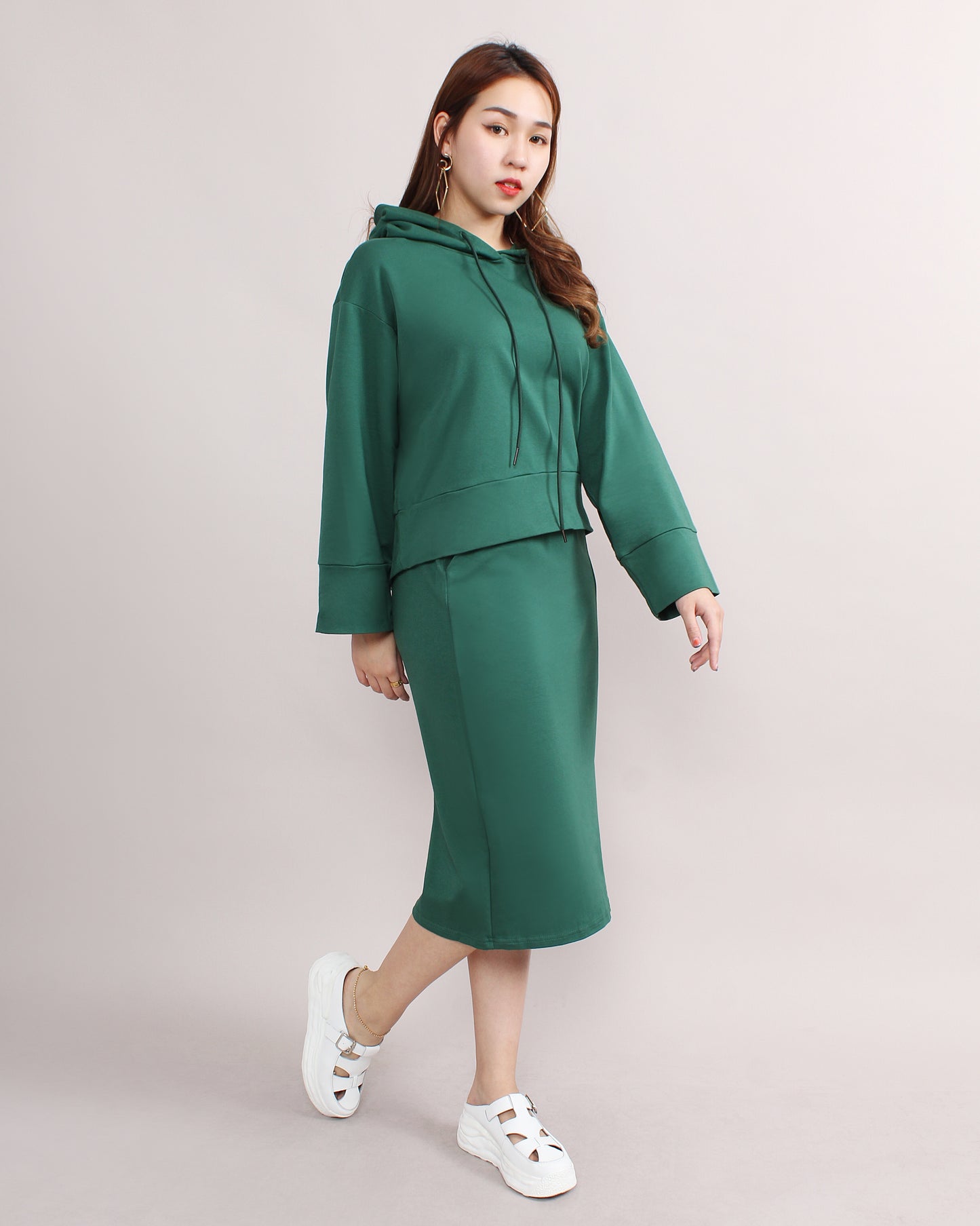 Casual Loose Hooded Sweater & Front Slit Pencil Skirt Set
