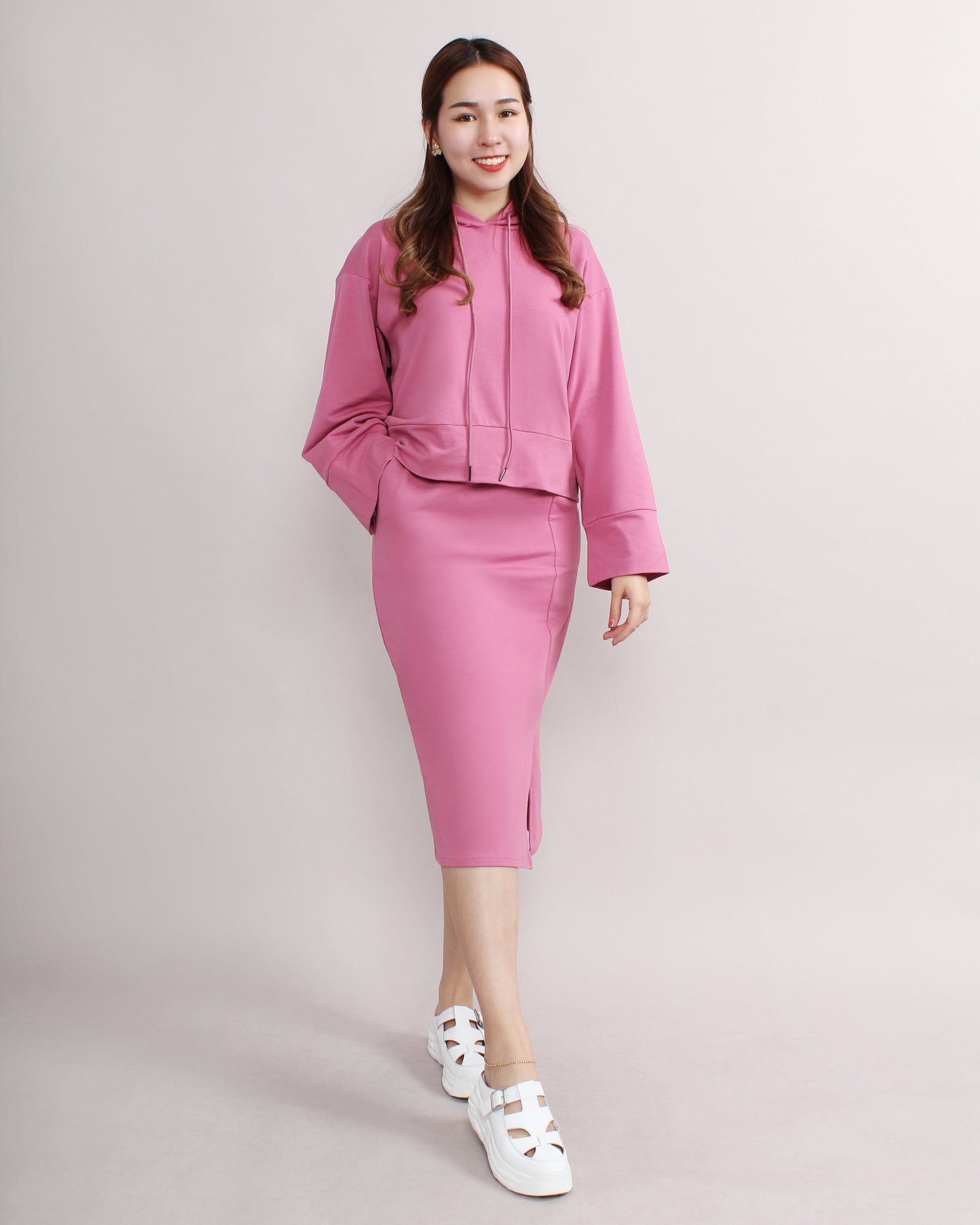 Casual Loose Hooded Sweater & Front Slit Pencil Skirt Set