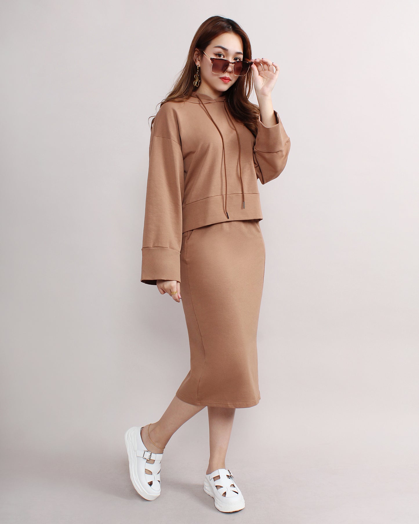 Casual Loose Hooded Sweater & Front Slit Pencil Skirt Set