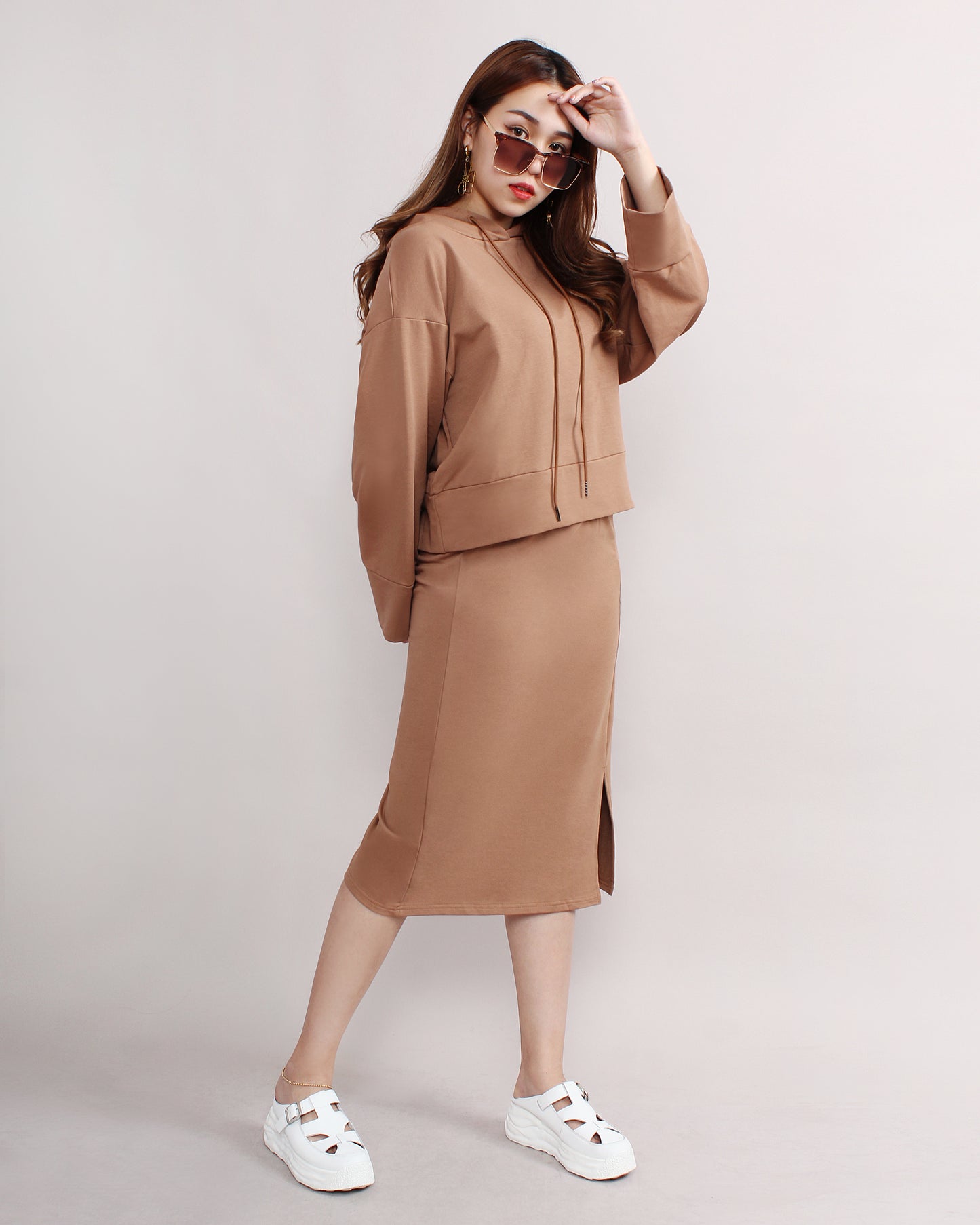 Casual Loose Hooded Sweater & Front Slit Pencil Skirt Set