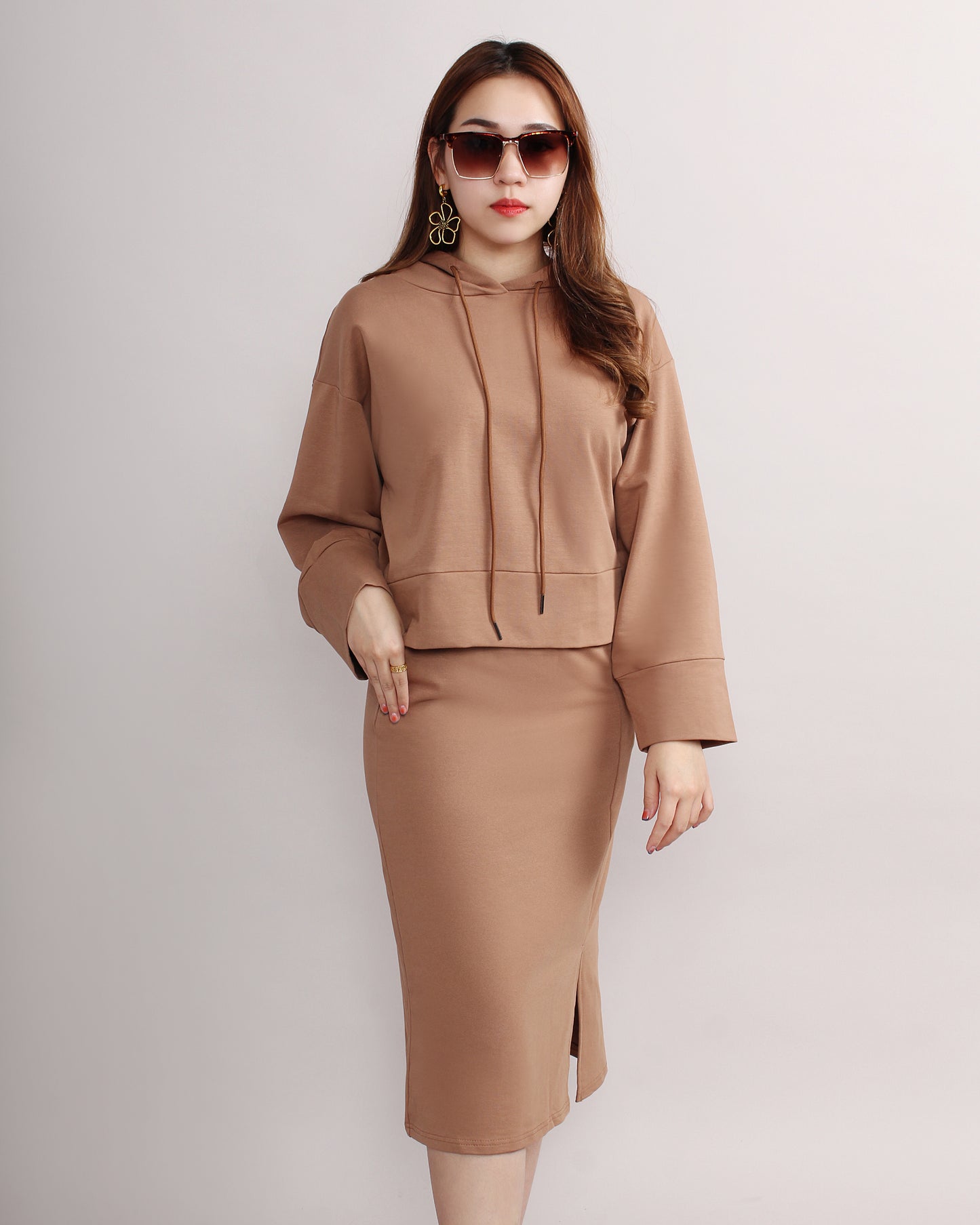 Casual Loose Hooded Sweater & Front Slit Pencil Skirt Set