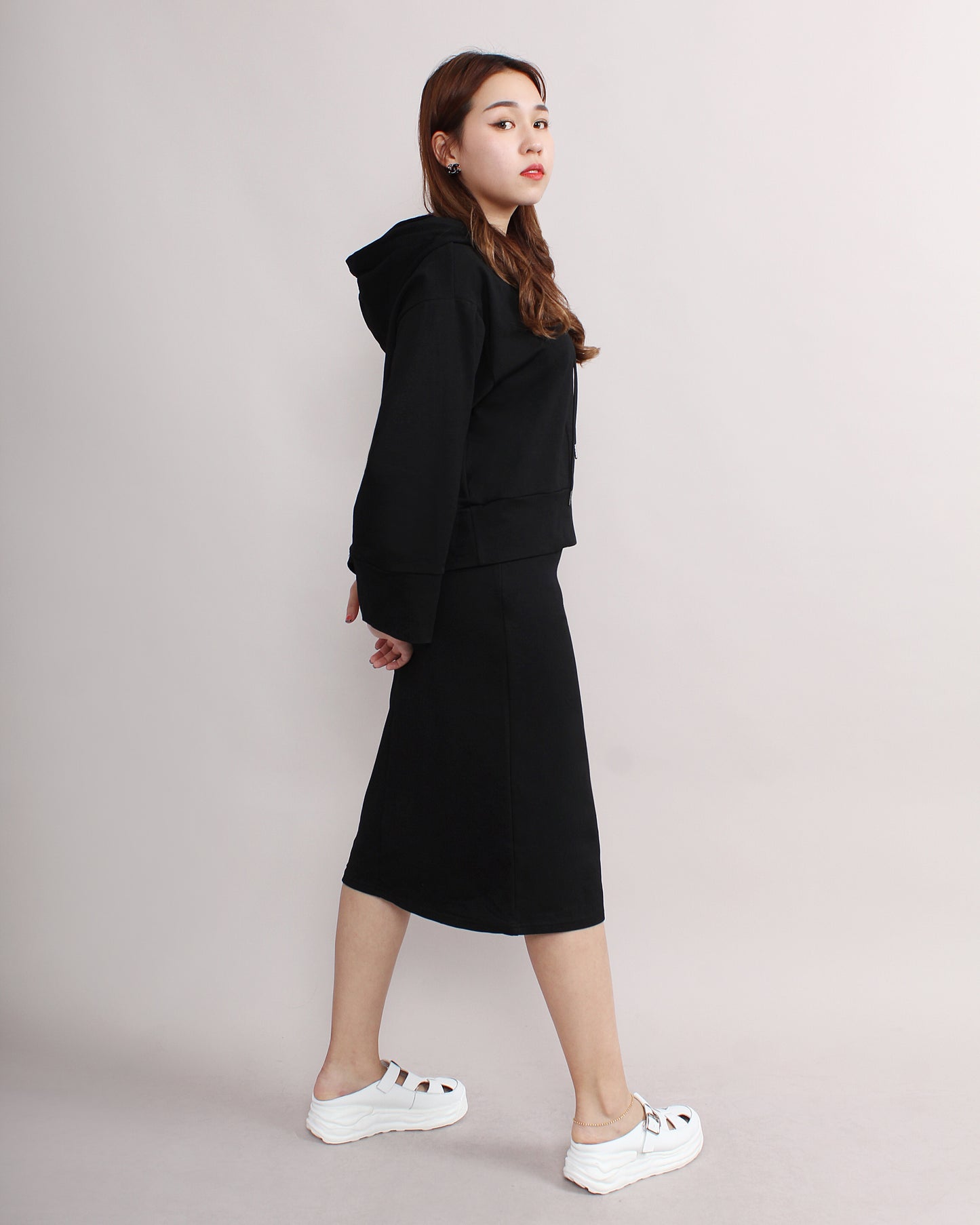 Casual Loose Hooded Sweater & Front Slit Pencil Skirt Set