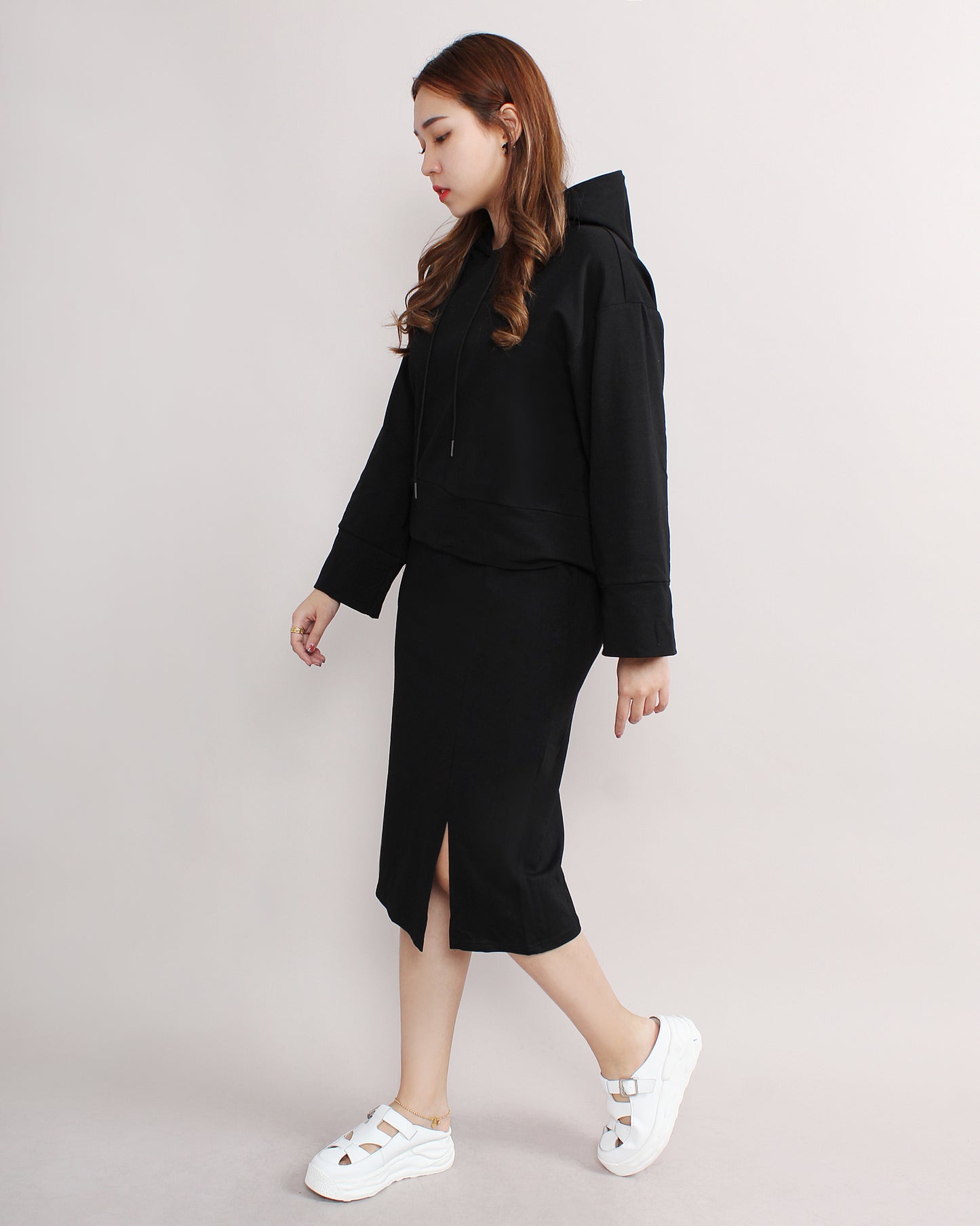 Casual Loose Hooded Sweater & Front Slit Pencil Skirt Set