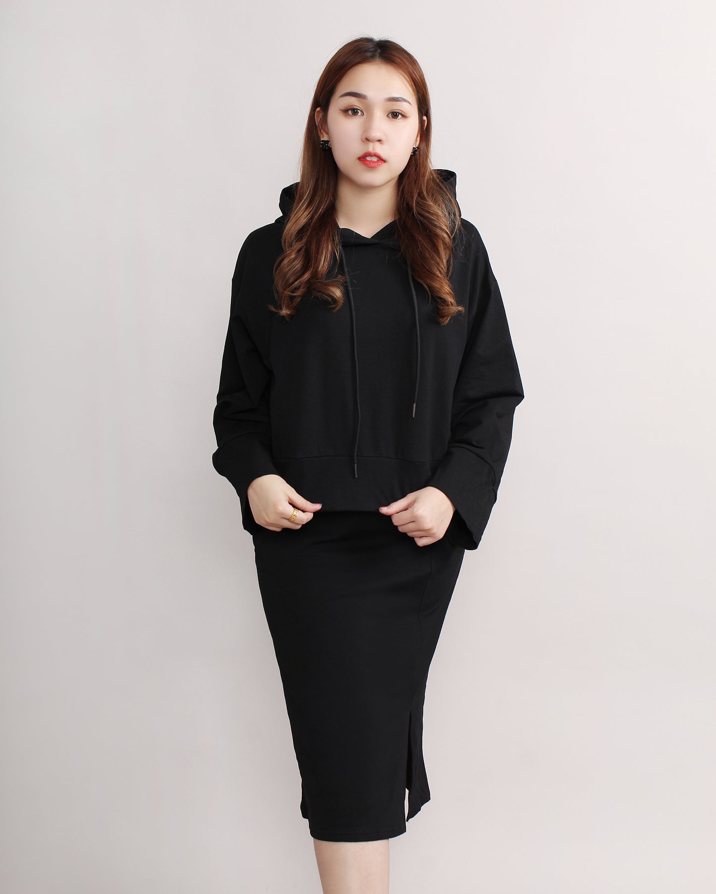 Casual Loose Hooded Sweater & Front Slit Pencil Skirt Set