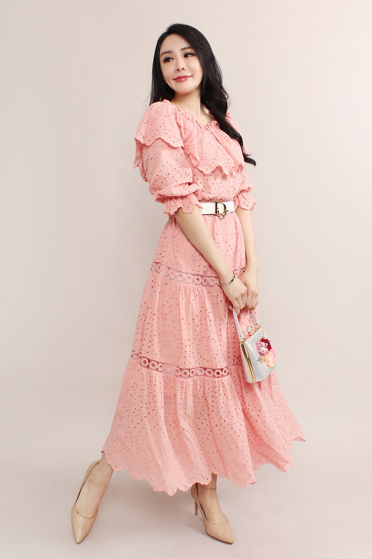 Ruffle Trim Off-Shoulder Lace Dress