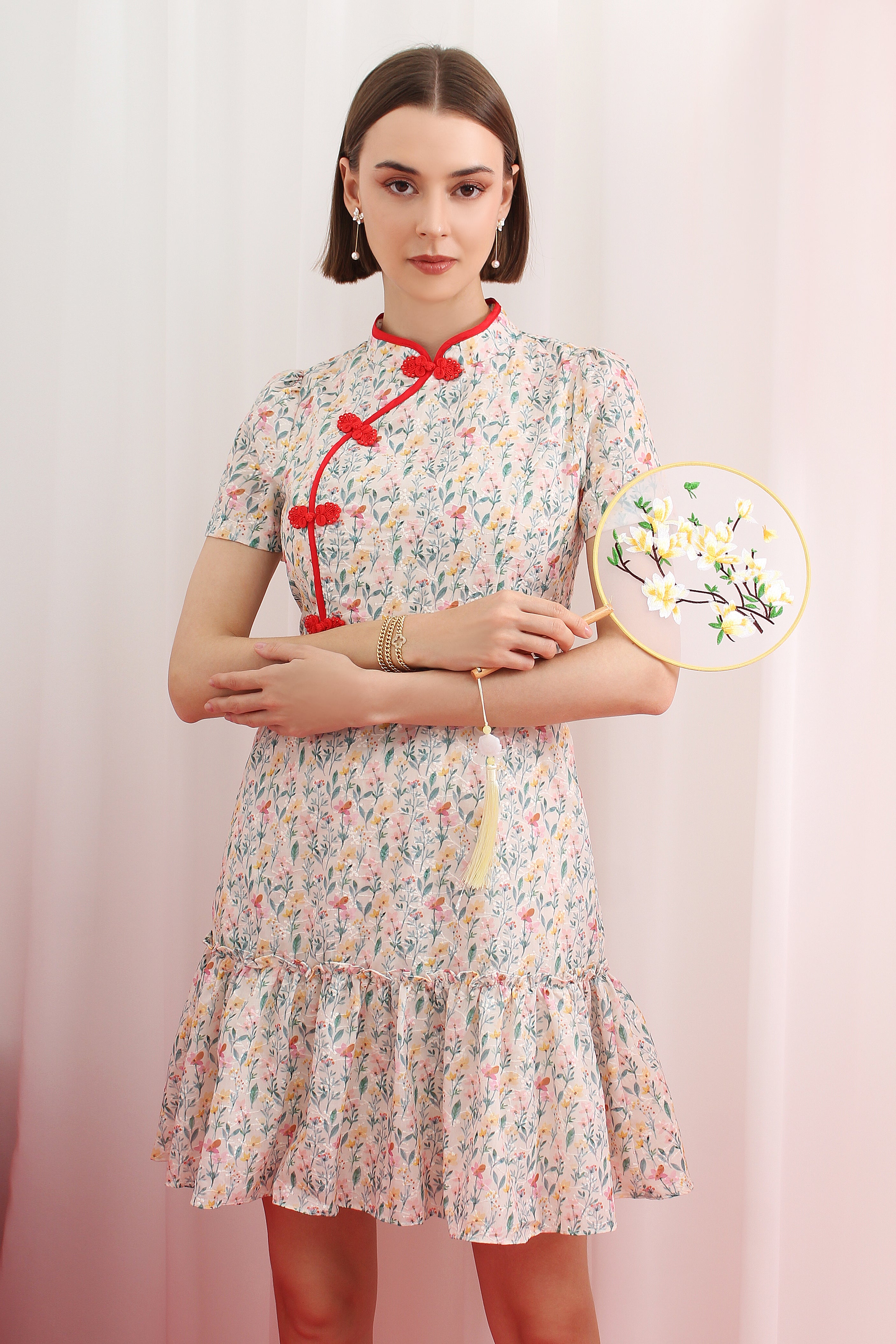 Qipao Mandarin Knot Floral A-Line Ruffle Hem Dress Le Ann Maxima Qipao Mandarin Knot Floral A-Line Ruffle Hem Dress Le Ann Maxima