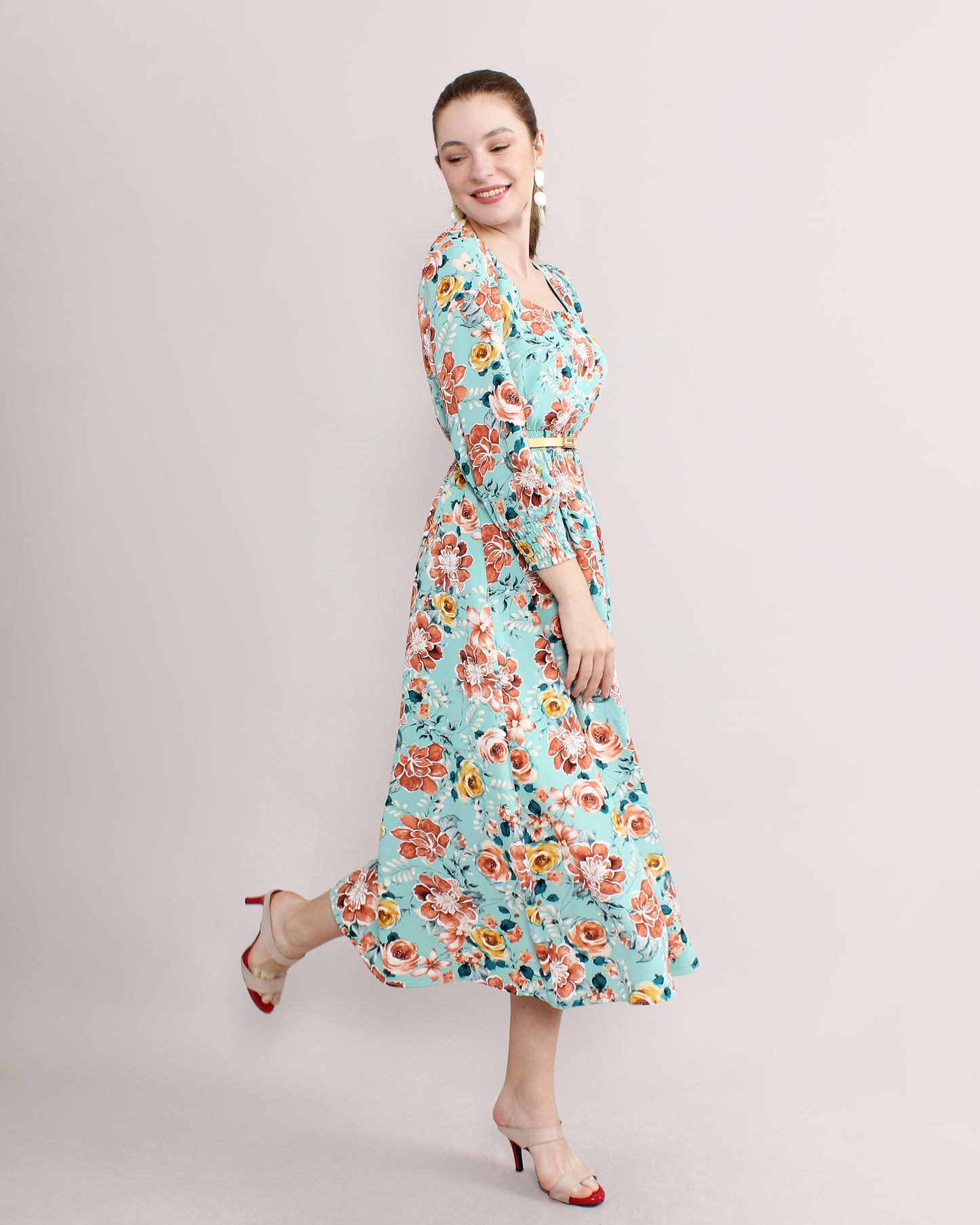 Satin Floral Square Neck Dress