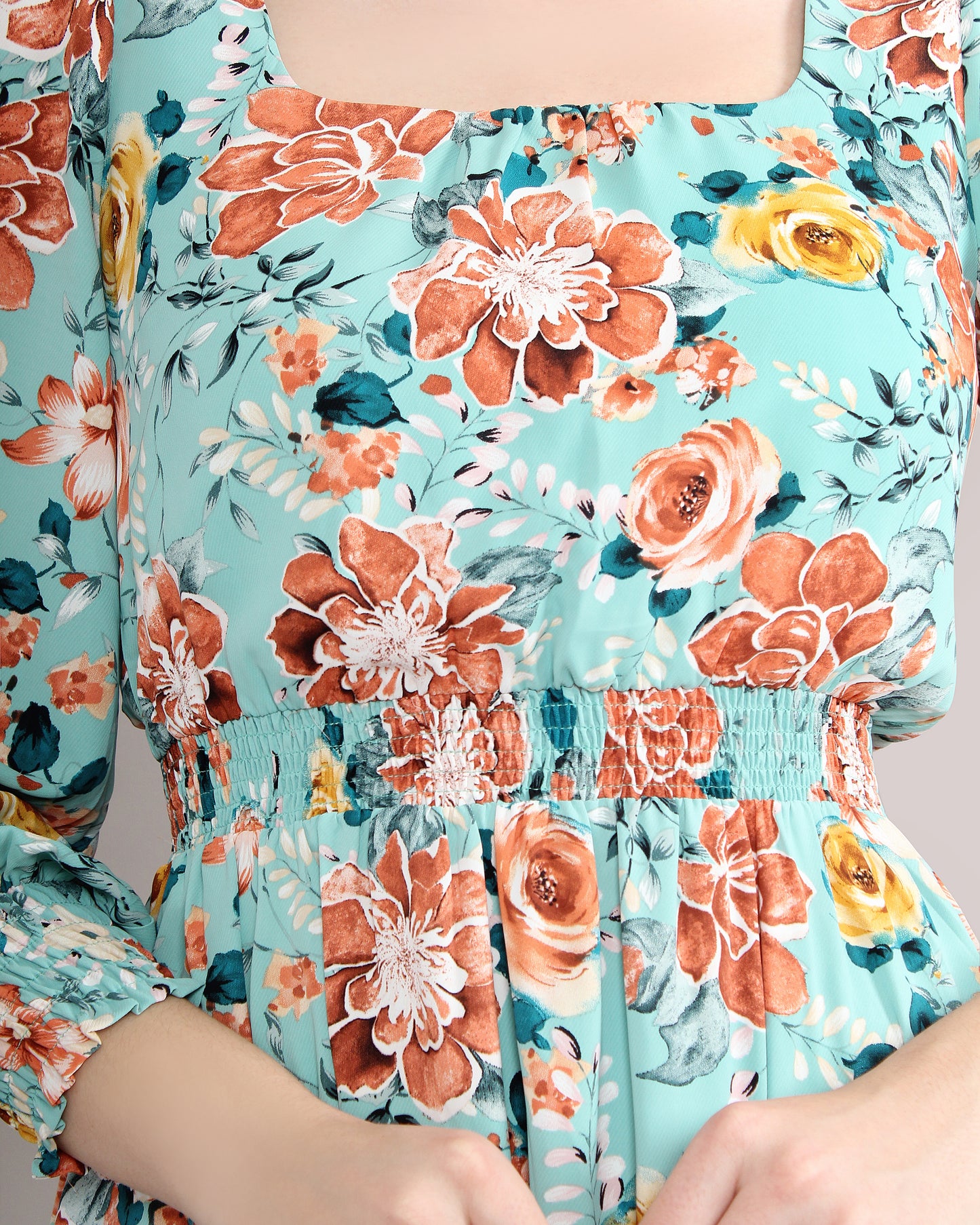 Satin Floral Square Neck Dress