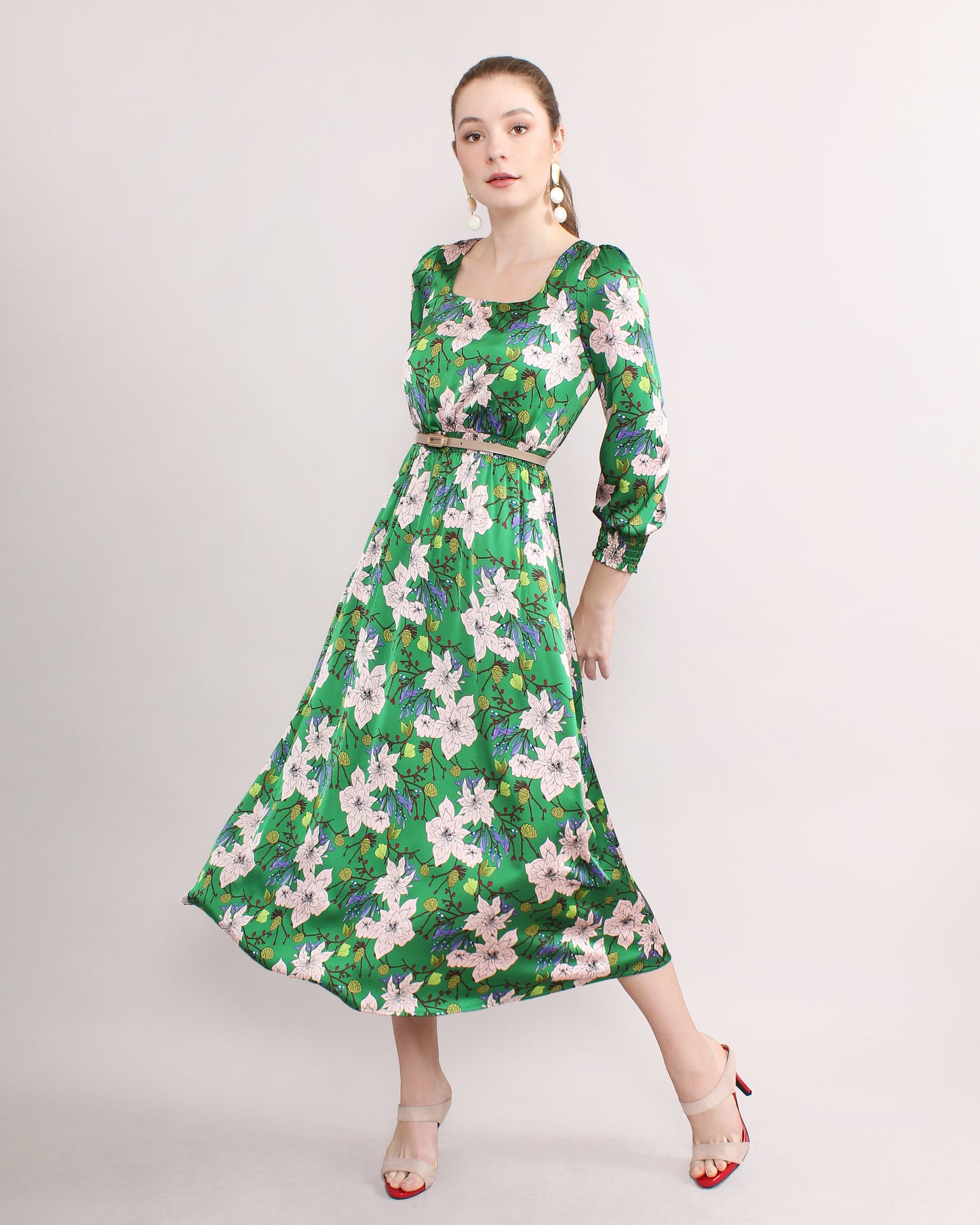 Satin Floral Square Neck Dress