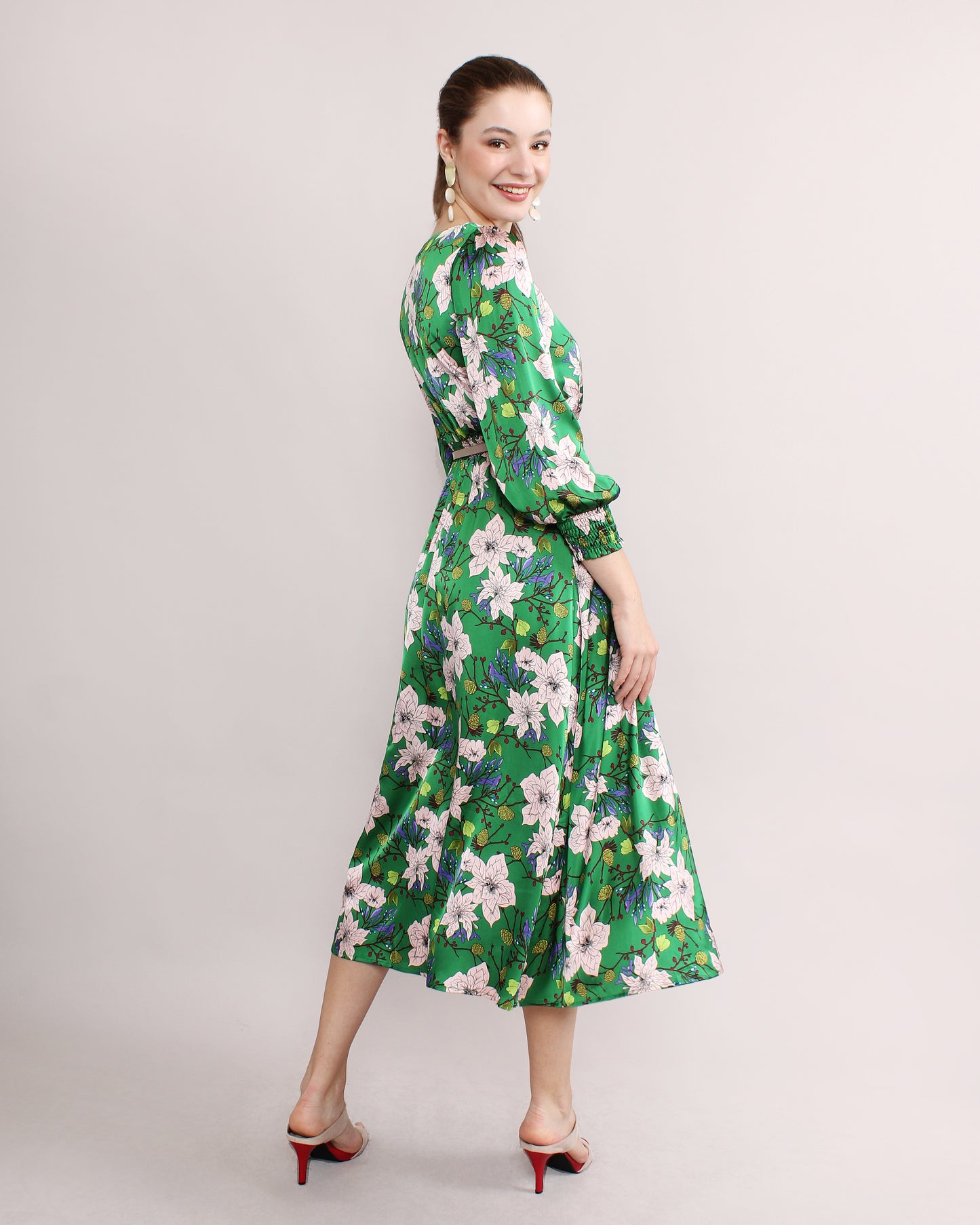 Satin Floral Square Neck Dress