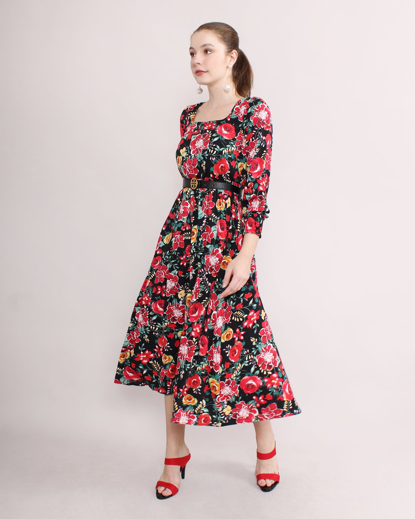 Satin Floral Square Neck Dress