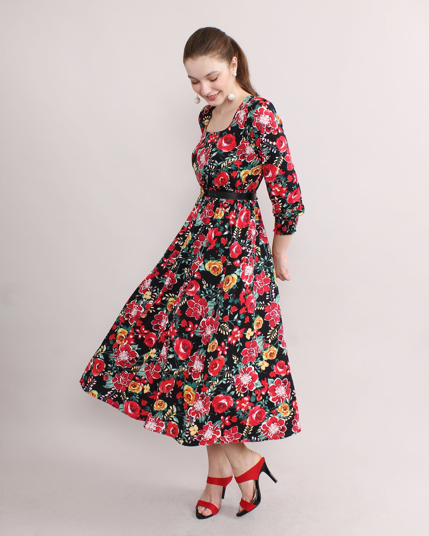 Satin Floral Square Neck Dress