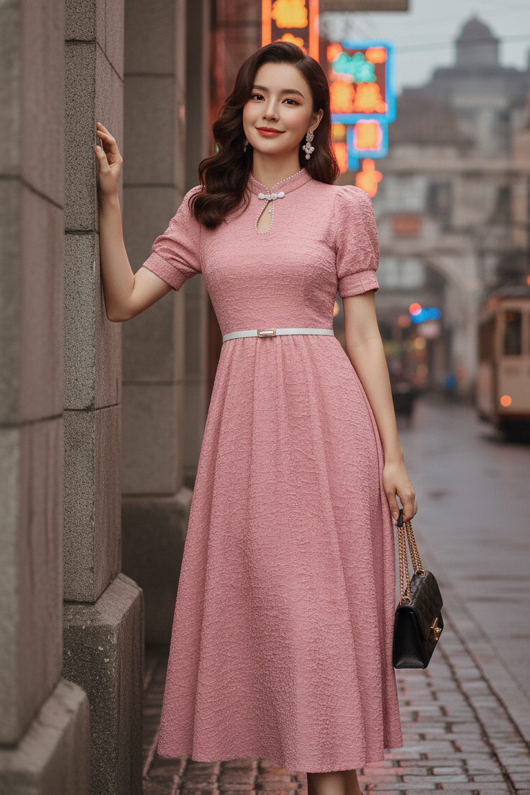 Keyhole Neckline Pearl Qipao Dress