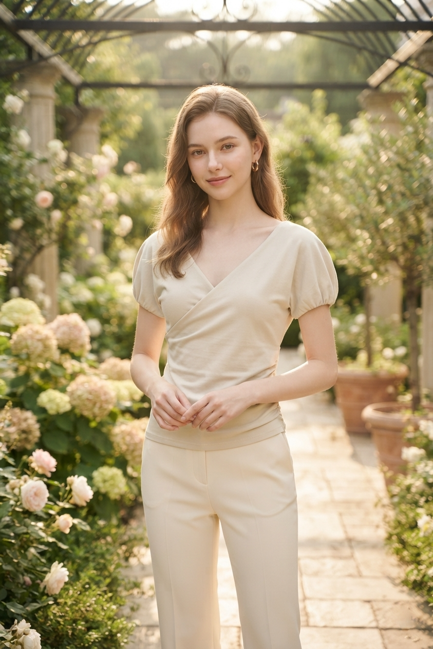 Puff Sleeve Wrap Top in Khaki (S size)