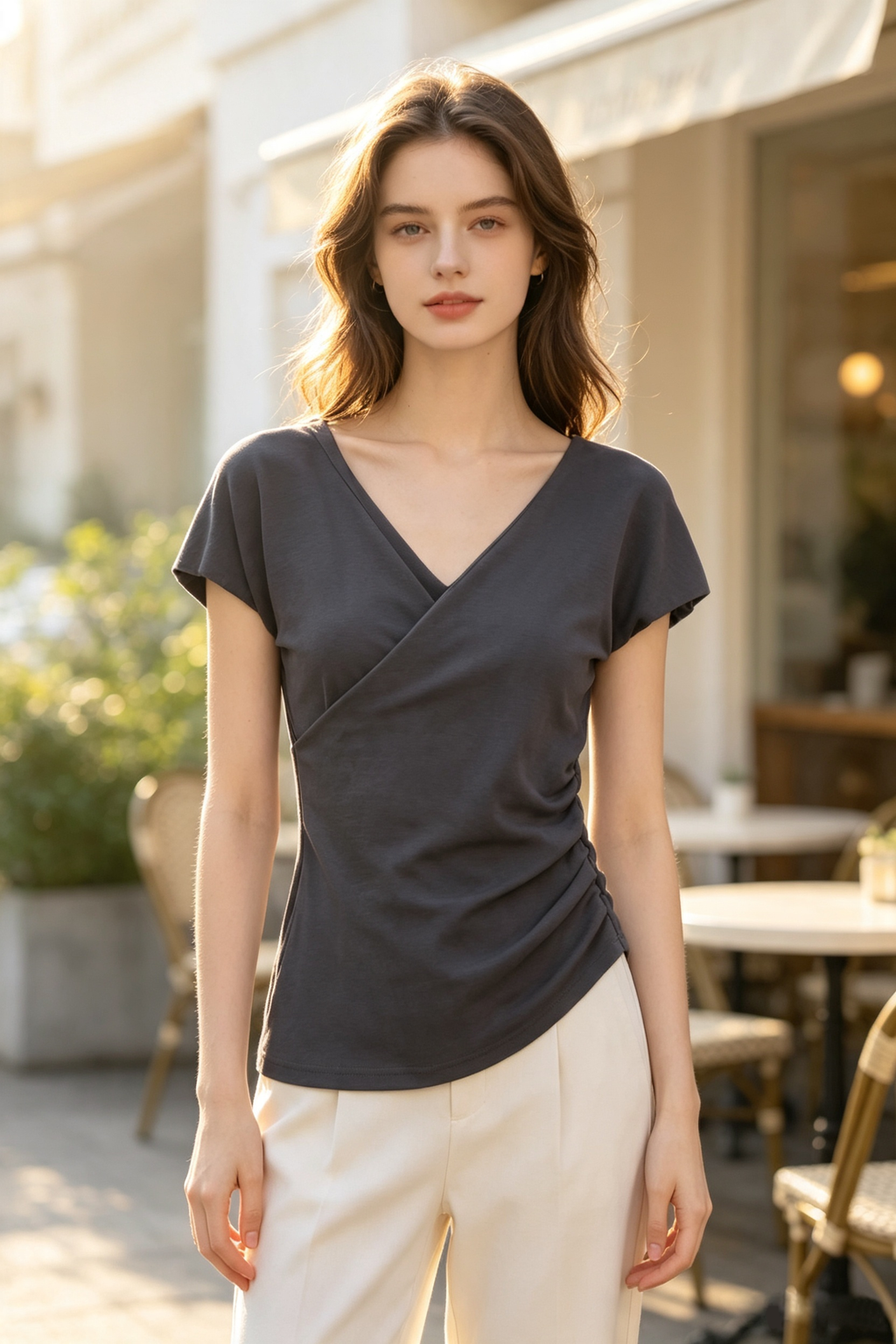 Puff Sleeve Wrap Top in Grey (S size)