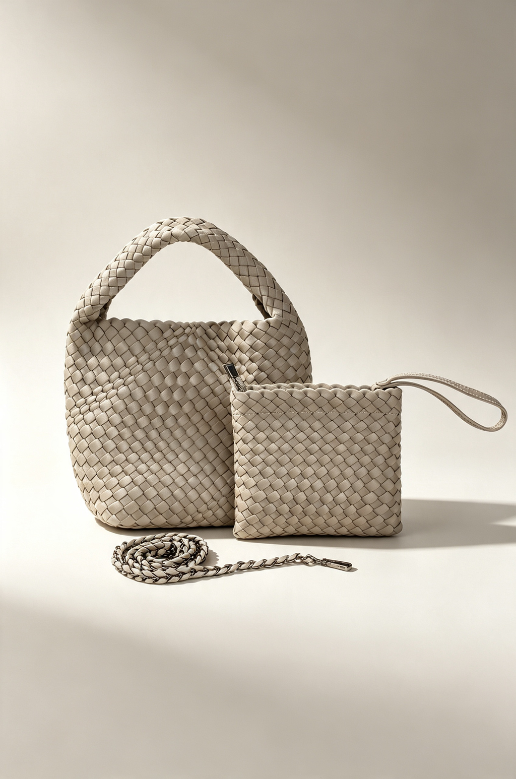 A woven leather handbag and matching small pouch with a wrist strap, displayed on a warm beige studio background. The handbag has a top handle, a long chain strap, and a zip-top closure.