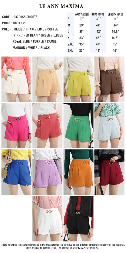 High Waist Chain Belt Accent Pleated Tailored Shorts