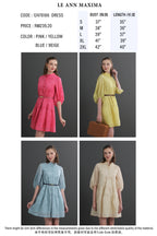 Product display of dresses with measurements and color options on a gray background