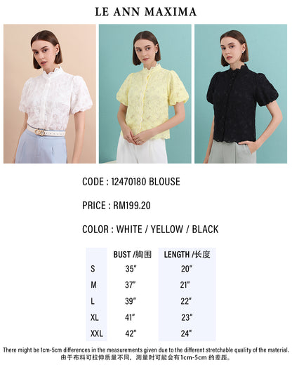 Scalloped Lace Sculpted Mandarin Collar Puff Sleeve Top