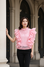 Ruffled Lace Top in Pink (Free Size)