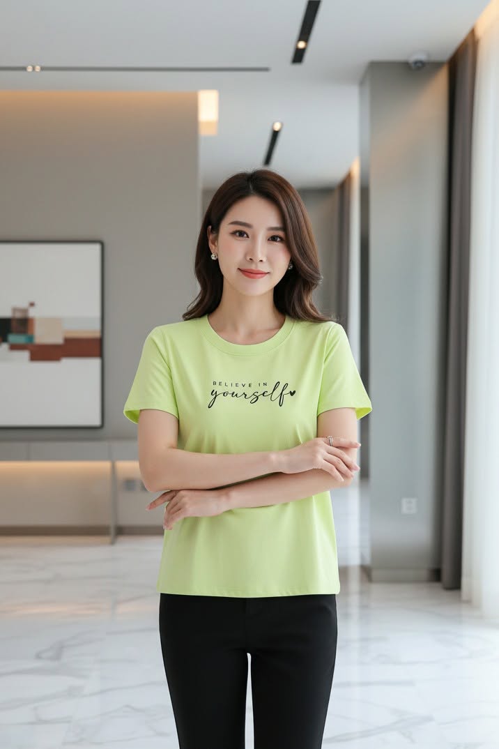 A woman wearing a light lime green short-sleeve t-shirt with 'believe in yourself' printed on the chest