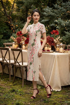白桃花旗袍 Bai Tao Pleated Cheongsam Dress