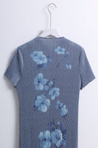 雾蓝花旗袍 Wu Lan Pleated Cheongsam Dress