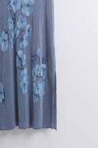 雾蓝花旗袍 Wu Lan Pleated Cheongsam Dress