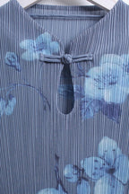 雾蓝花旗袍 Wu Lan Pleated Cheongsam Dress