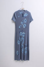 雾蓝花旗袍 Wu Lan Pleated Cheongsam Dress