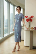 雾蓝花旗袍 Wu Lan Pleated Cheongsam Dress