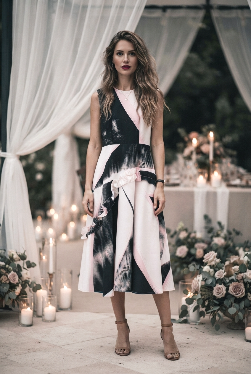 sleeveless midi dress with bold black, white, and blush pink color-blocked panels