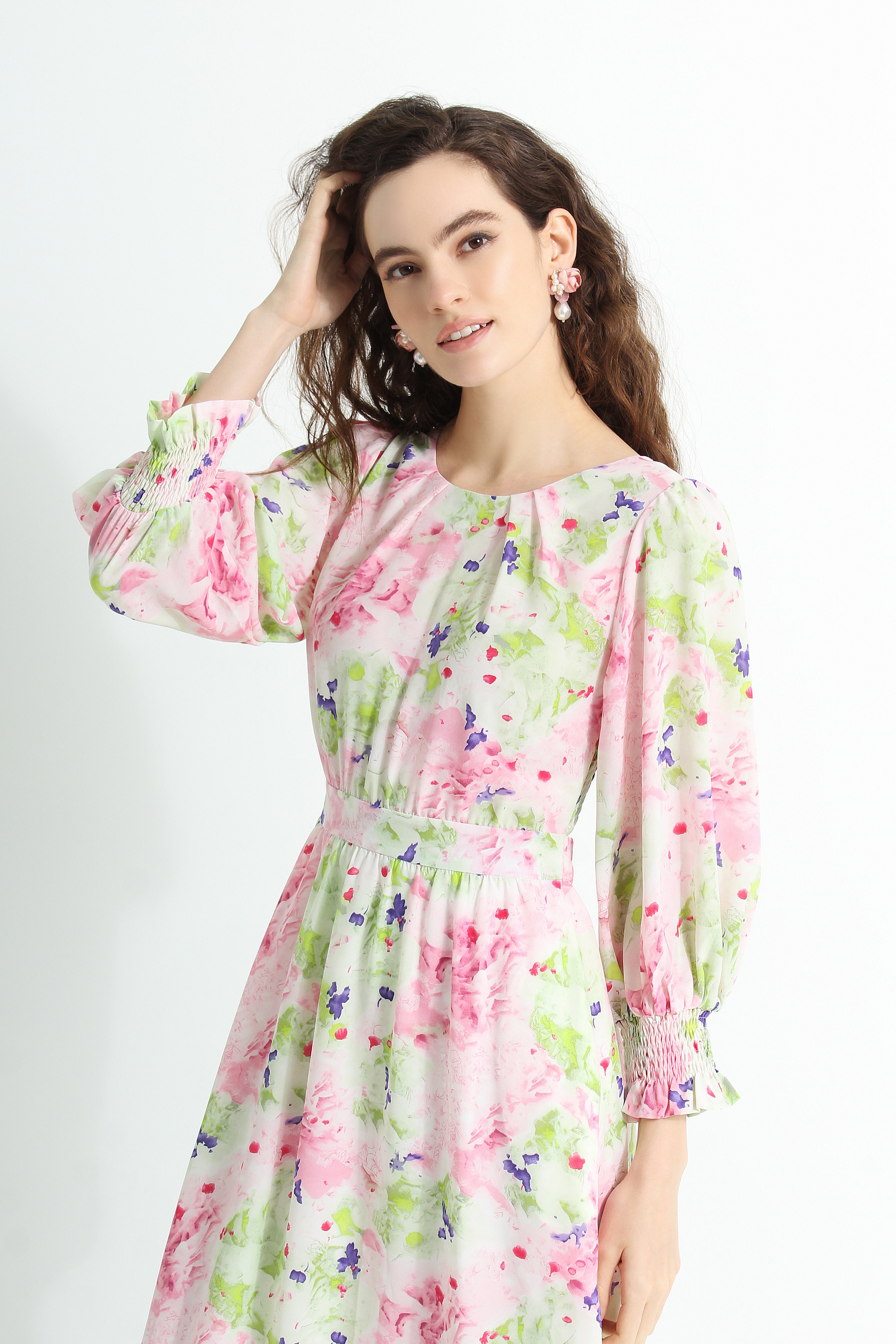 Floral print peasant sleeve midi dress