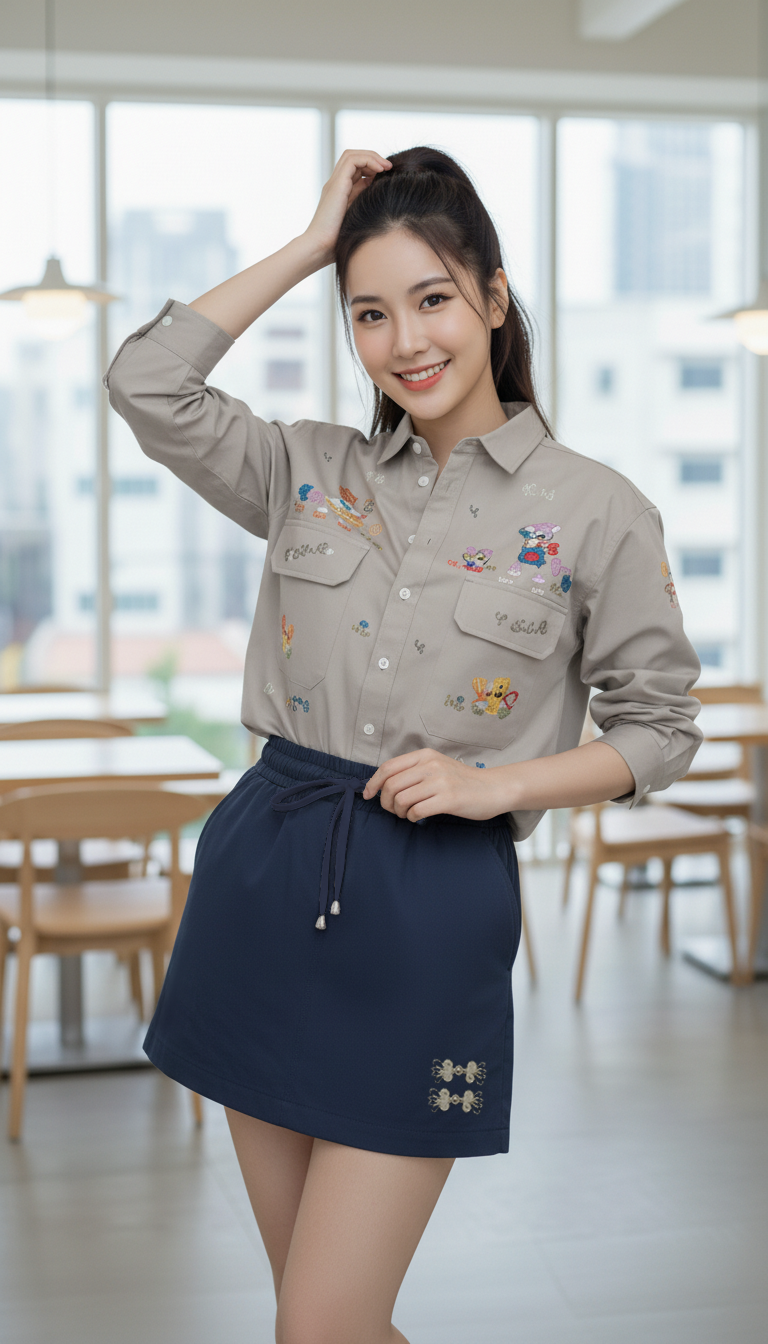 Woman wearing a beige shirt with embroidered details and a navy skirt in an indoor setting.