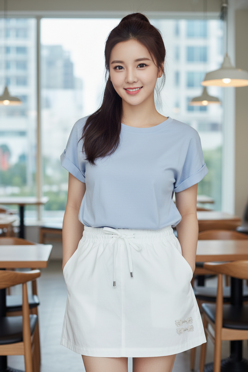 Woman wearing a light blue shirt and white skirt in a restaurant setting