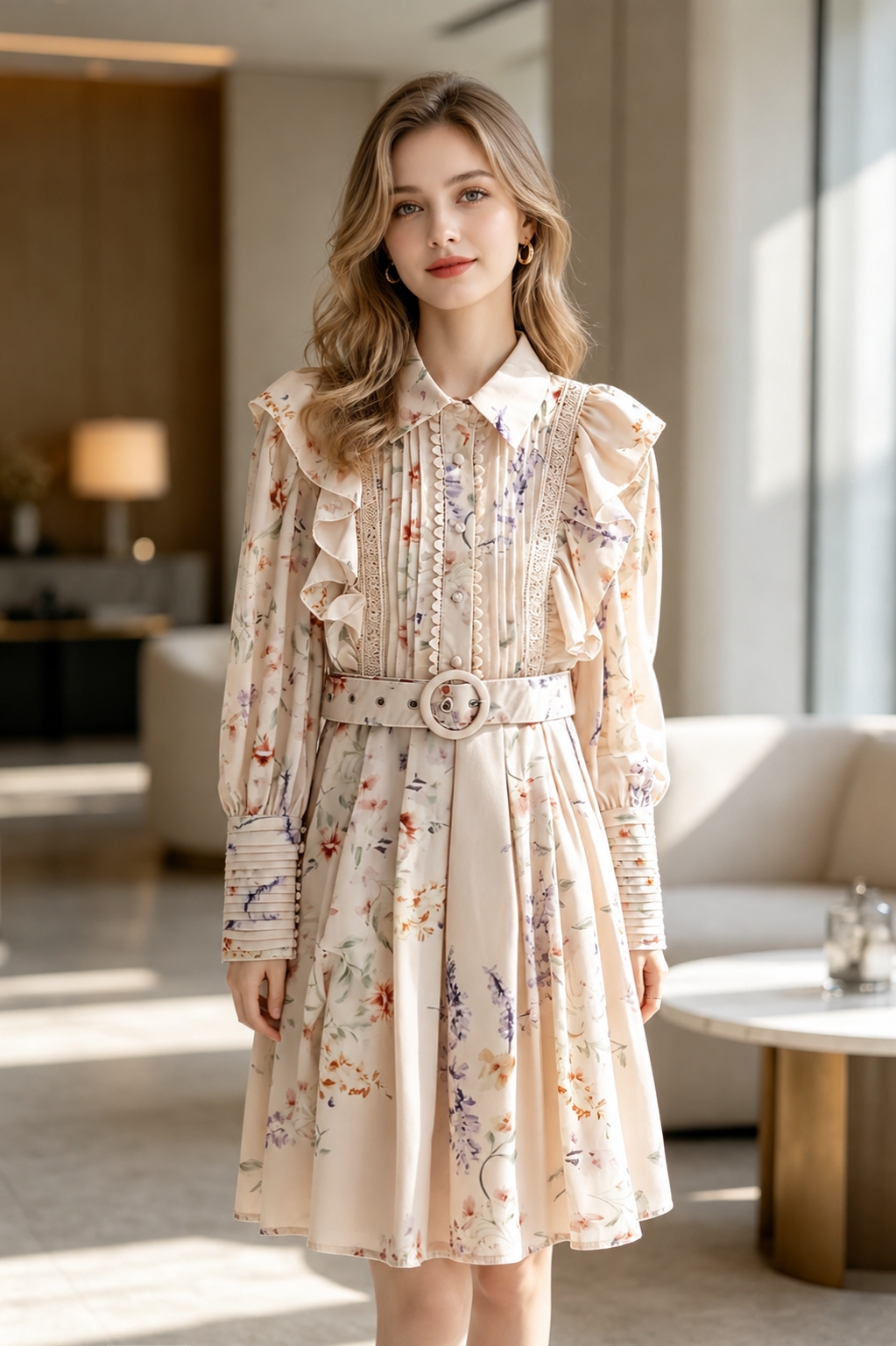 A woman stands indoors wearing a long-sleeve cream dress with a floral print, ruffled collar and cuffs, vertical lace-like detailing on the bodice, and a matching belt with a decorative center buckle.