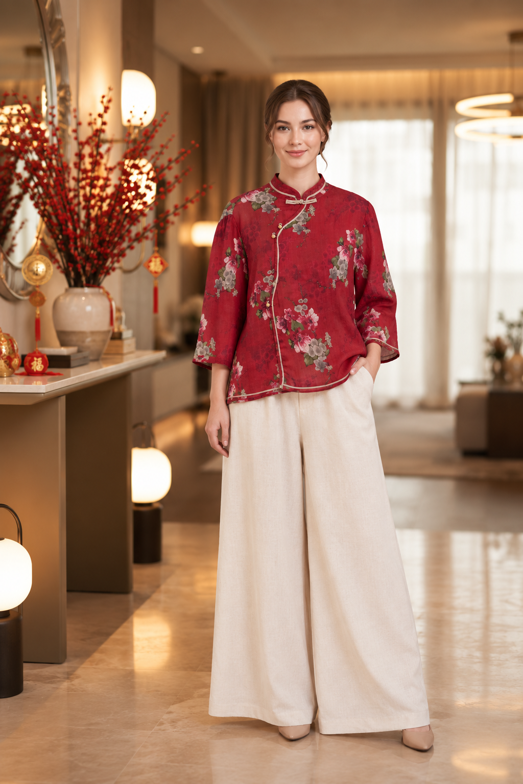 绯红繁华 Crimson Blossom Ramie-blend Blouse