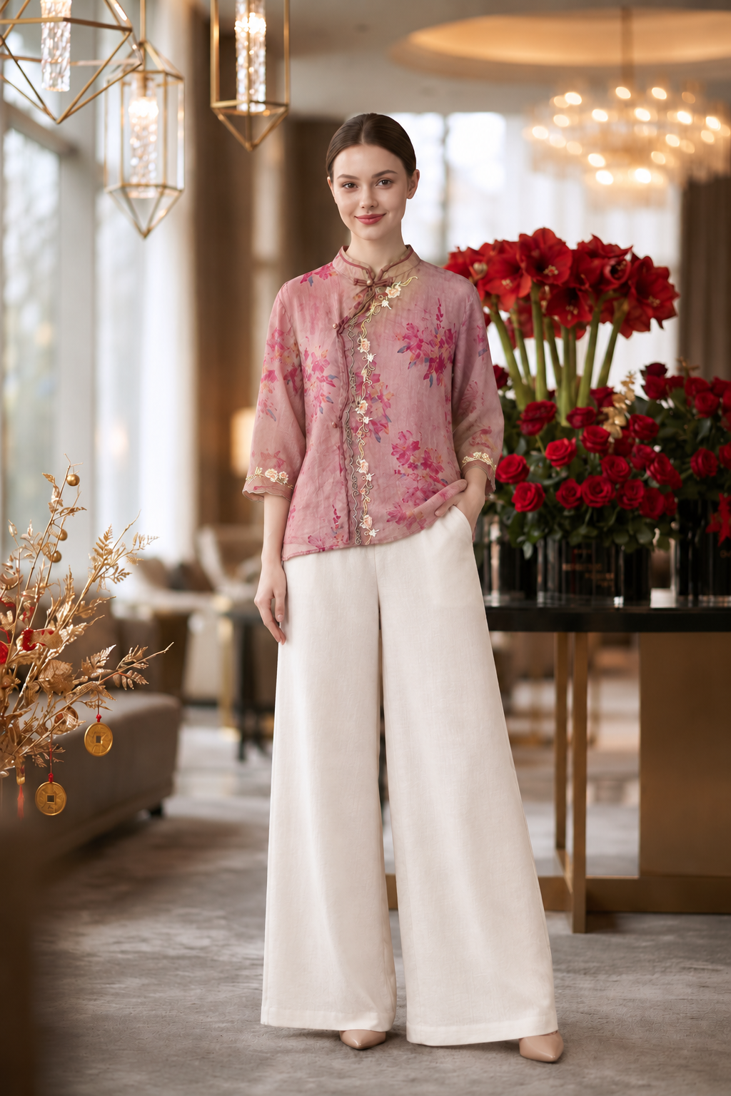 胭粉花语 Mauve Blossom Ramie-blend Blouse