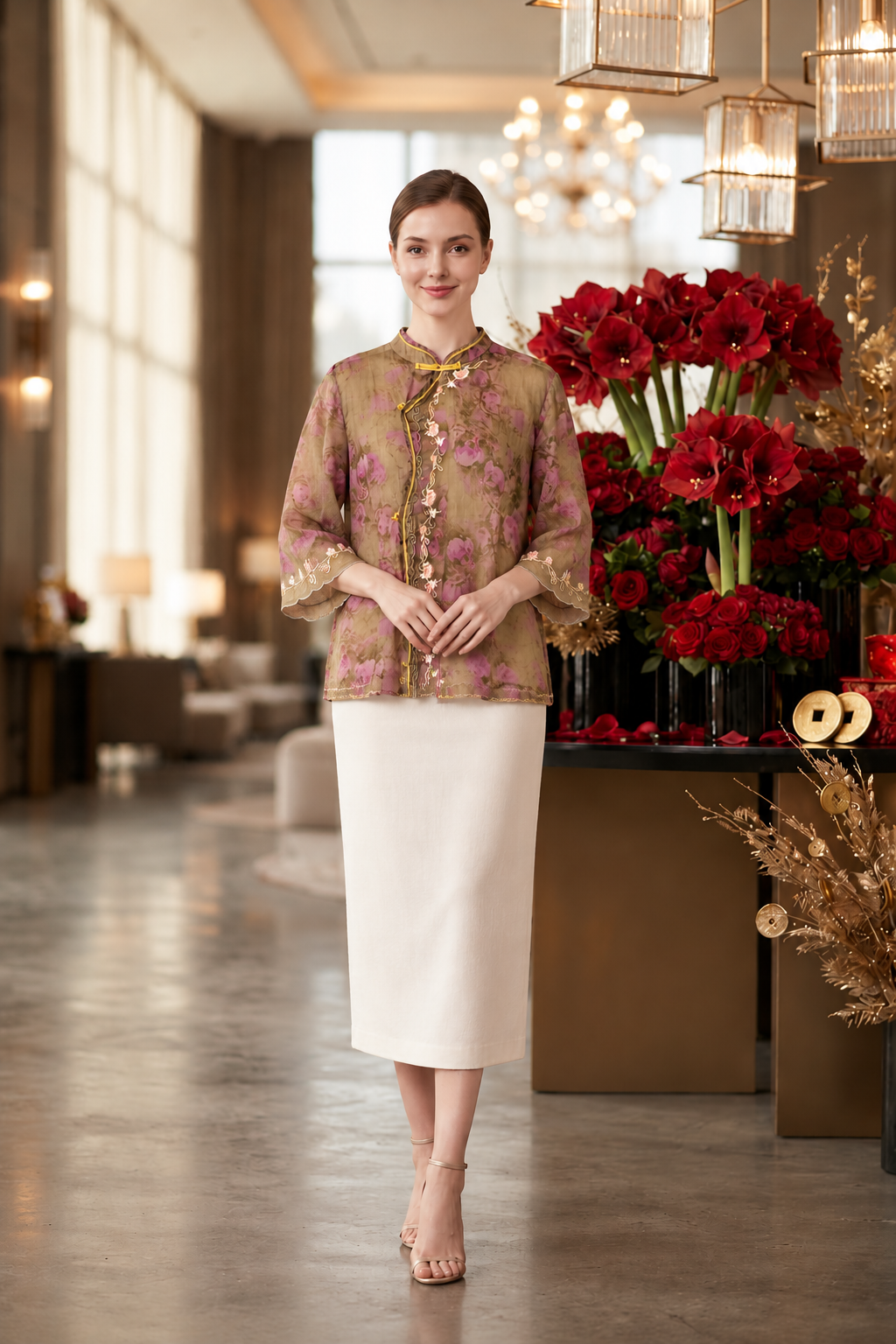 暮色花藤 Olive Fleur Ramie-blend Blouse