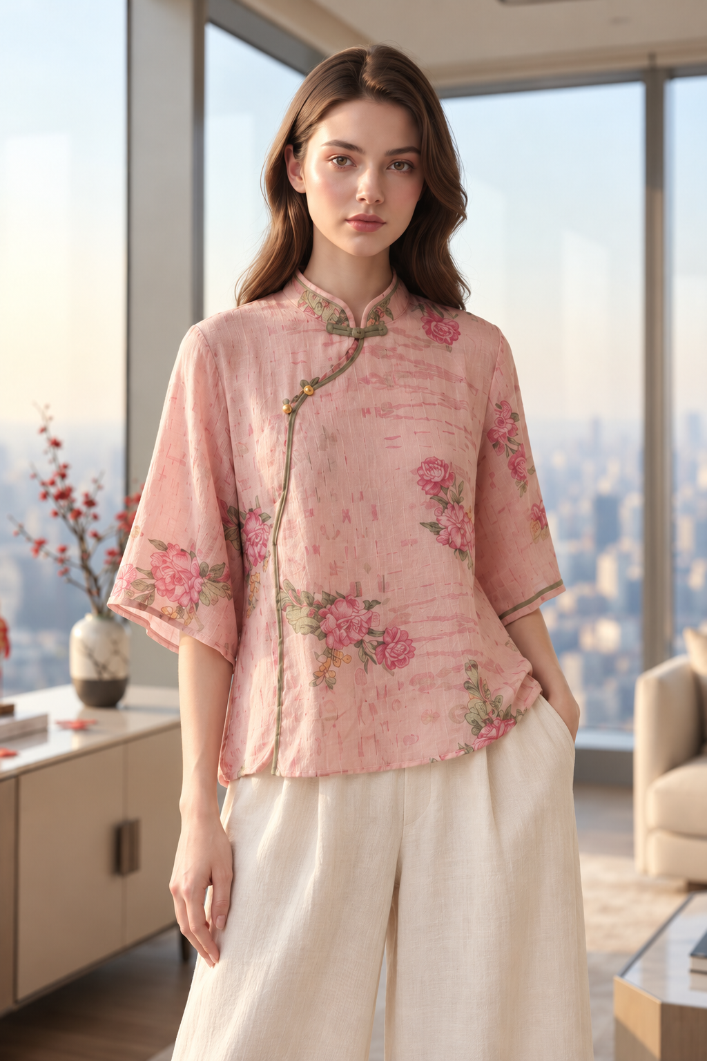 桃粉 Blush Garden Ramie-blend Blouse