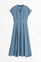 A dusty blue midi-length dress with short cap sleeves, a split neckline with three buttons, and a gathered waist seam, shown against a plain white background.