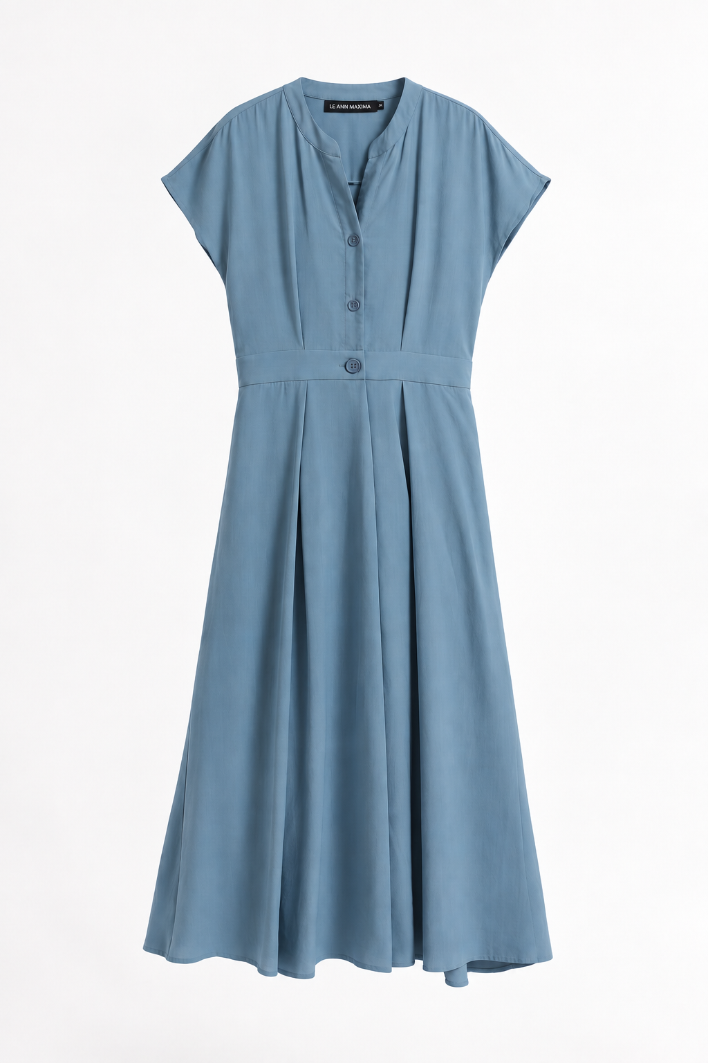 A dusty blue midi-length dress with short cap sleeves, a split neckline with three buttons, and a gathered waist seam, shown against a plain white background.