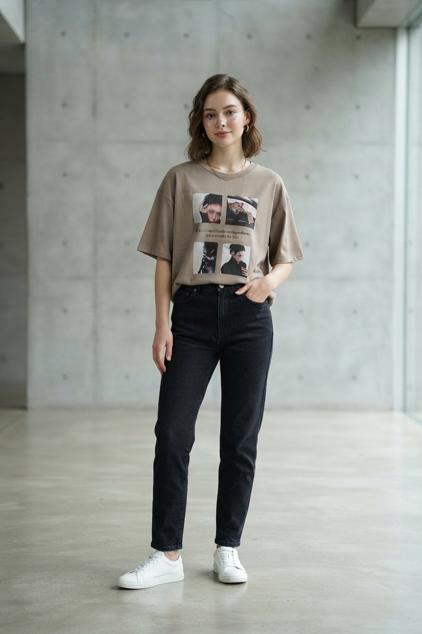 High Fashion Graphic Tee in Light Brown (Free size)