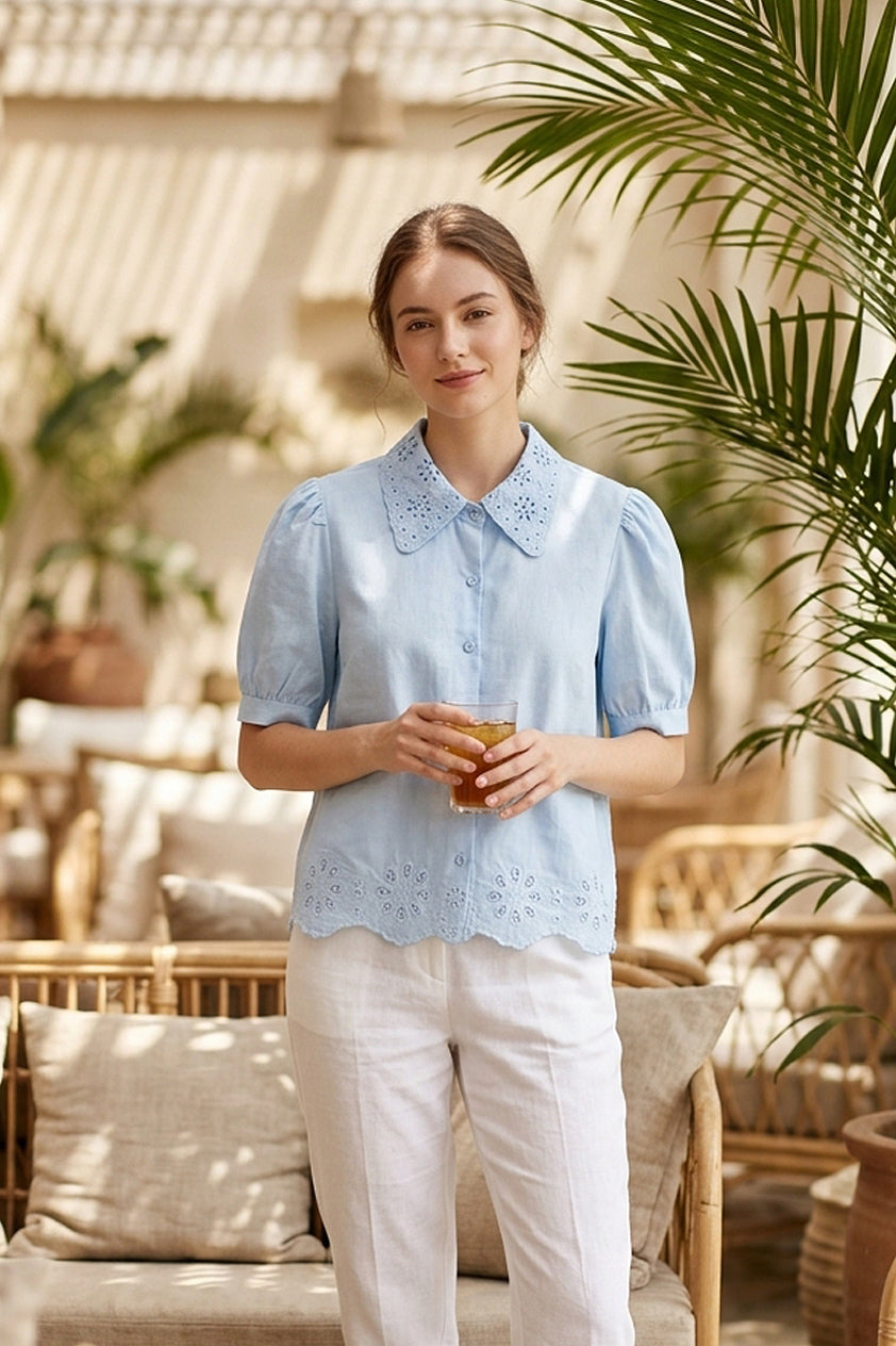 Collar Embroidery Blouse in Baby Blue (Free size)