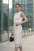 Satin Lace Trim Midi Skirt (L size)