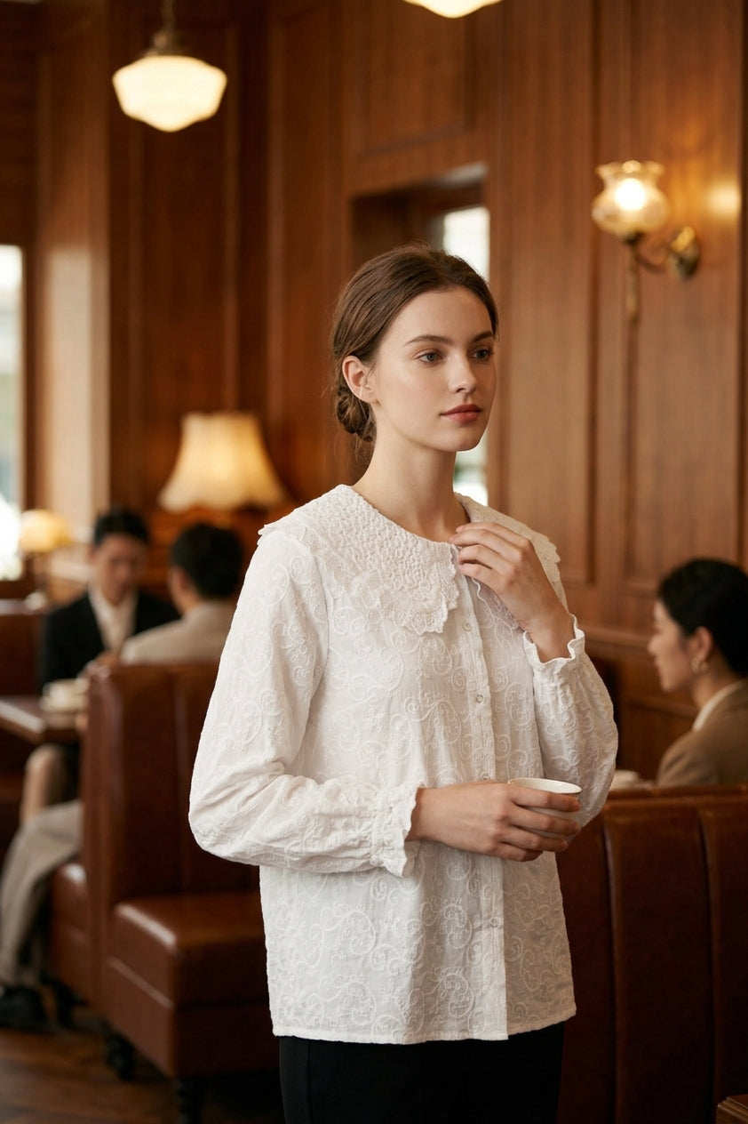 Peter Pan Collar Lace Top in White & Beige (Free size)